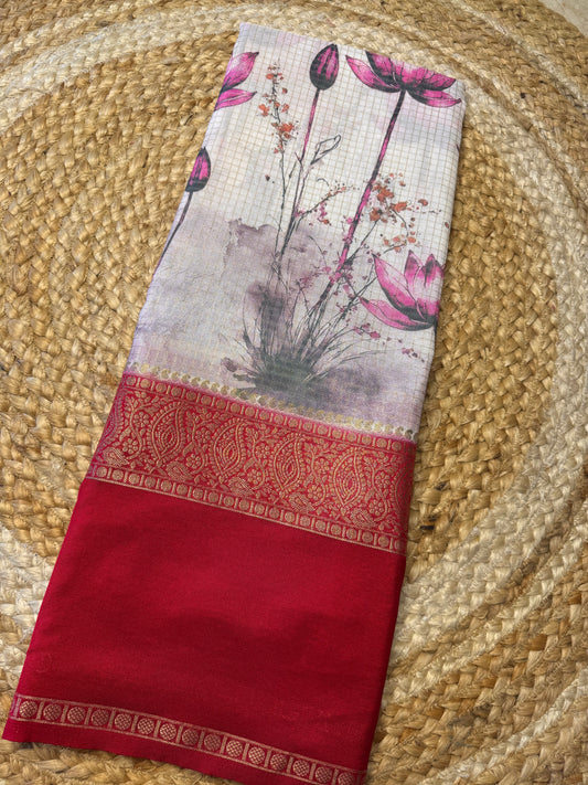 White with Red DIGITAL PRINT Checks Bentex Semi Mysore Silk