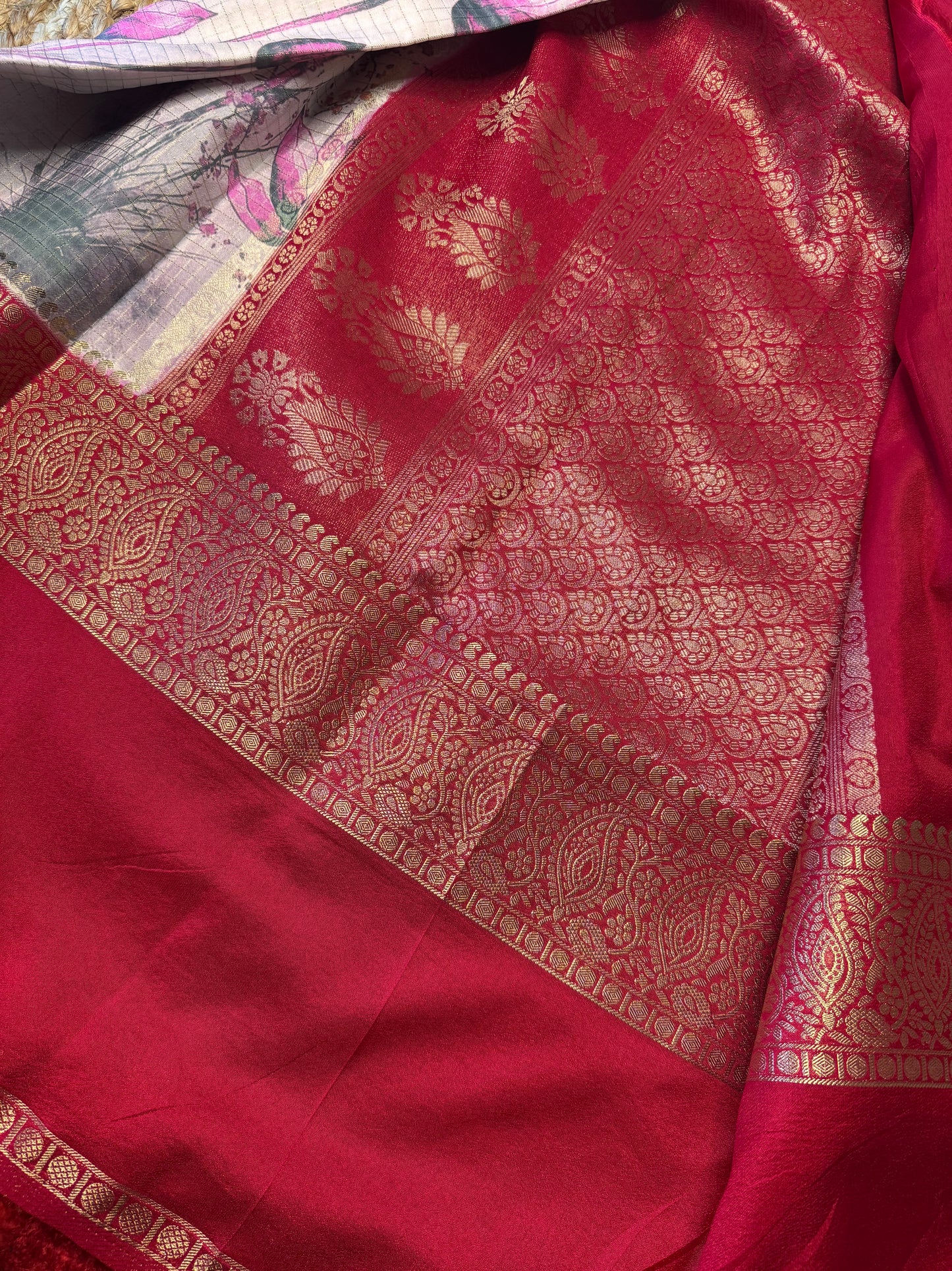 White with Red DIGITAL PRINT Checks Bentex Semi Mysore Silk