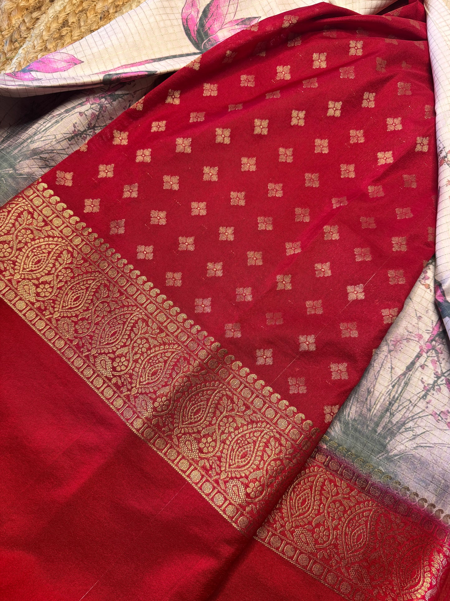White with Red DIGITAL PRINT Checks Bentex Semi Mysore Silk