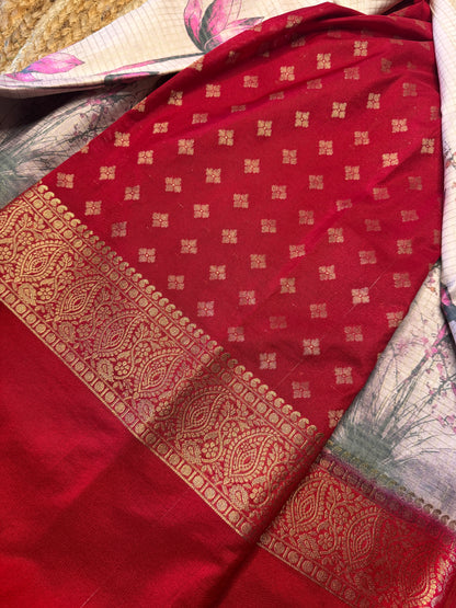 White with Red DIGITAL PRINT Checks Bentex Semi Mysore Silk