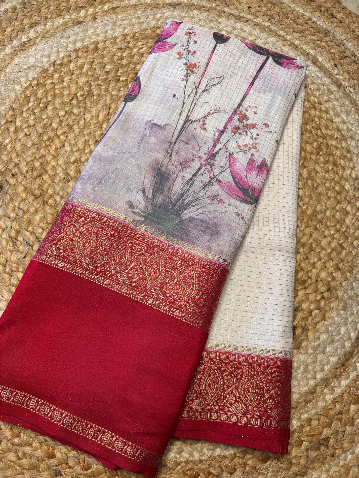 White with Red DIGITAL PRINT Checks Bentex Semi Mysore Silk