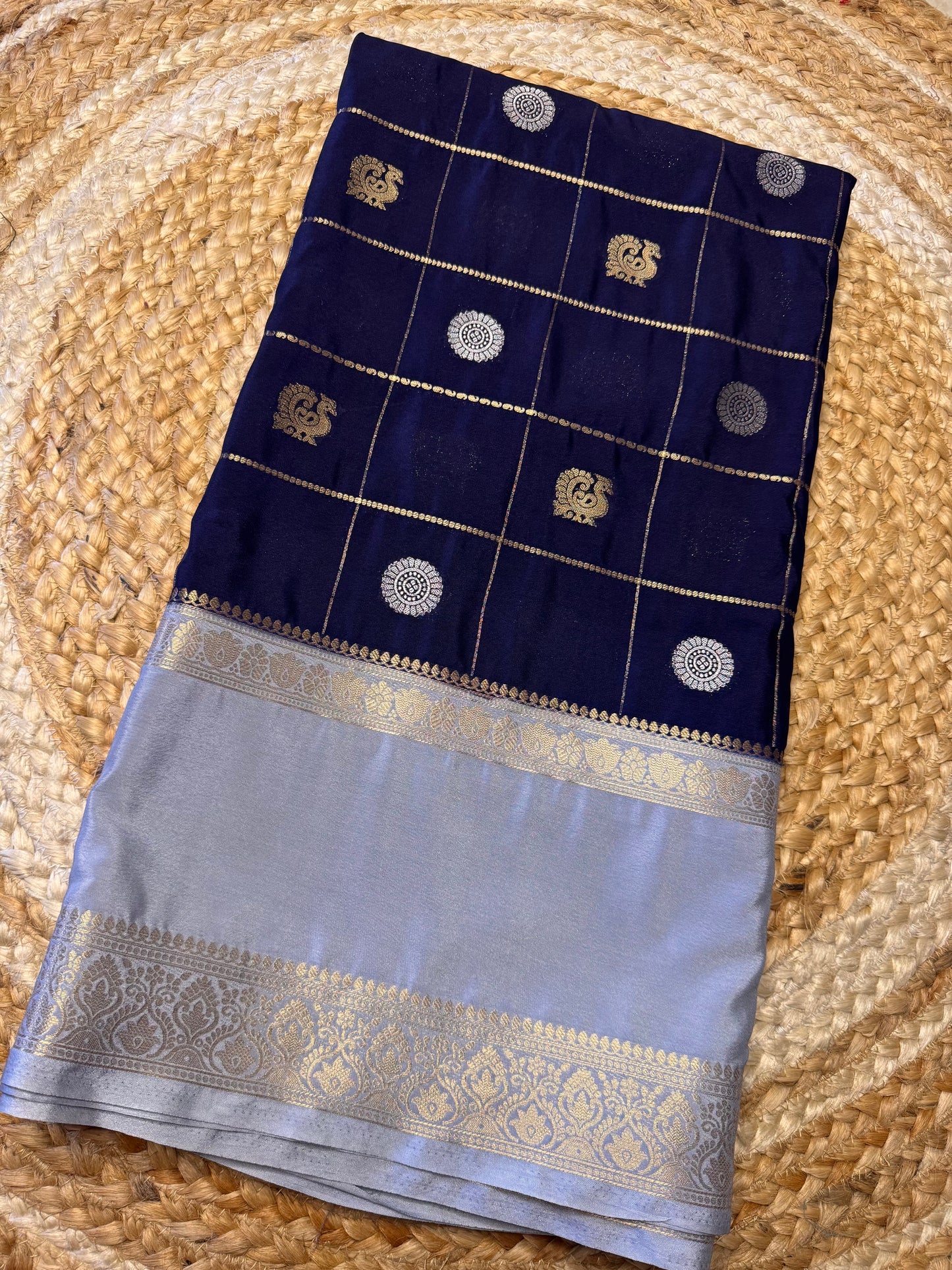 Navy Blue Semi Mysore Silk (Gold and Silver Zari)