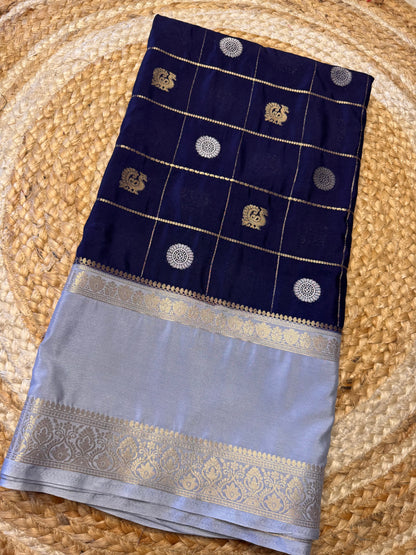 Navy Blue Semi Mysore Silk (Gold and Silver Zari)