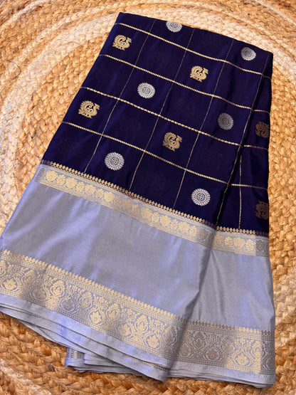 Navy Blue Semi Mysore Silk (Gold and Silver Zari)
