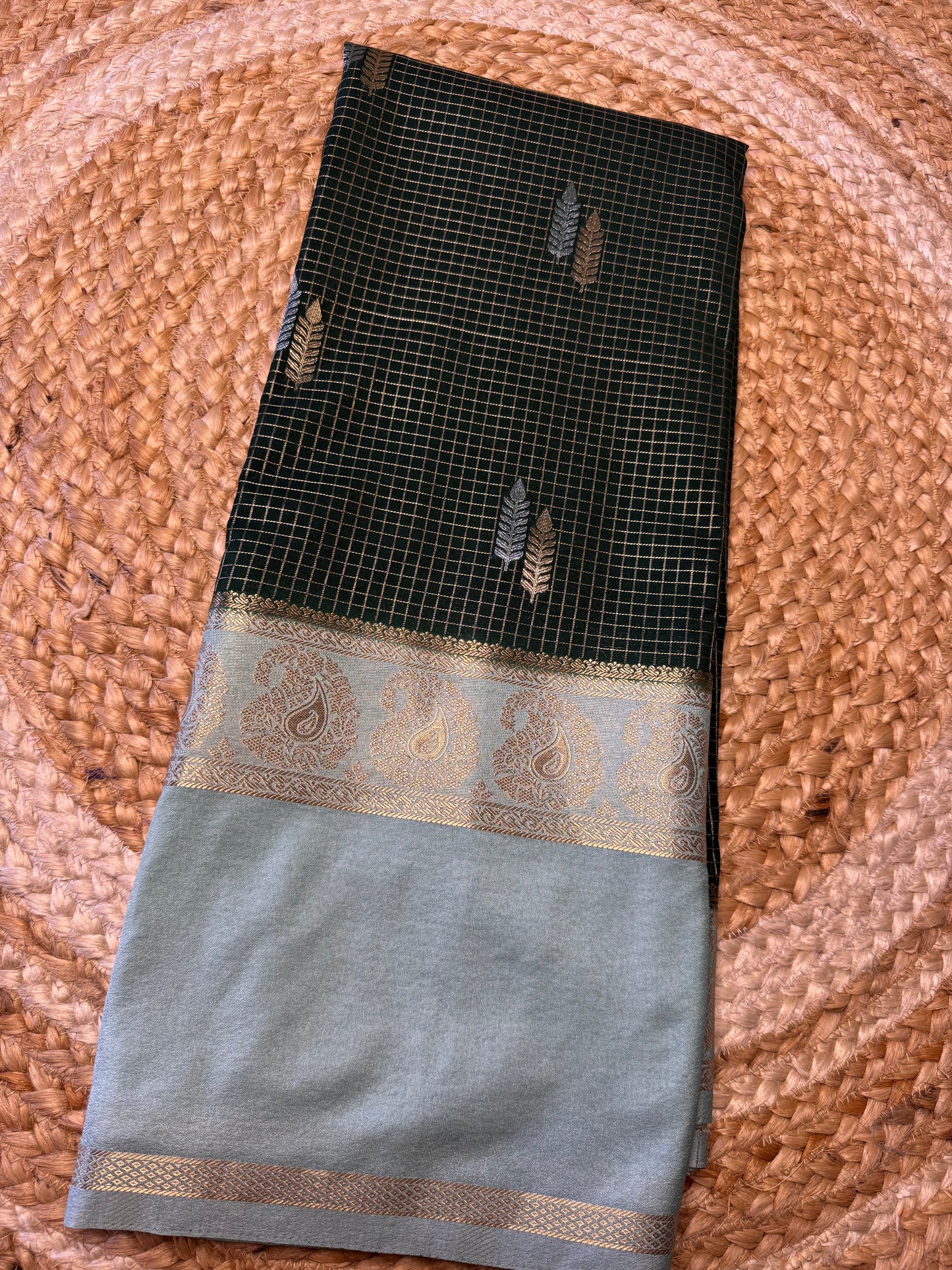 Bottle Green Checks Bentex Soft Silk (Gold and Silver Zari)