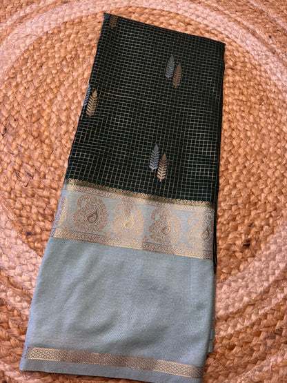 Bottle Green Checks Bentex Soft Silk (Gold and Silver Zari)