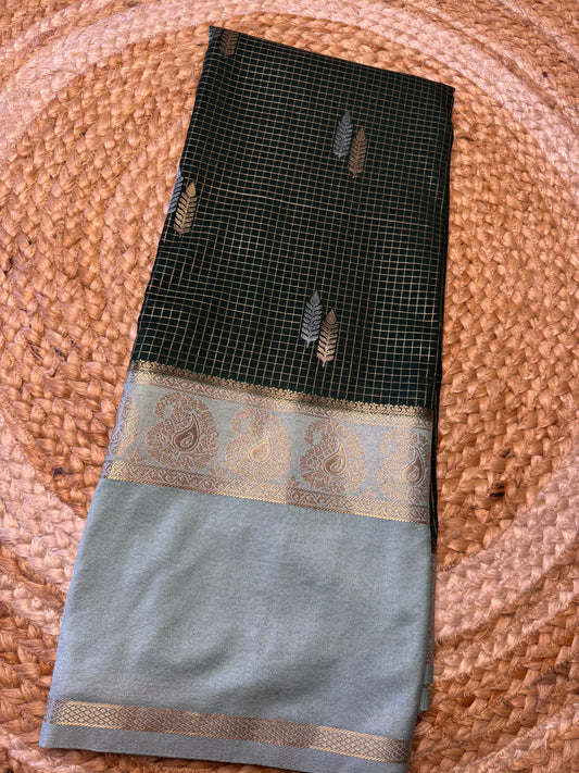 Bottle Green Checks Bentex Soft Silk (Gold and Silver Zari)