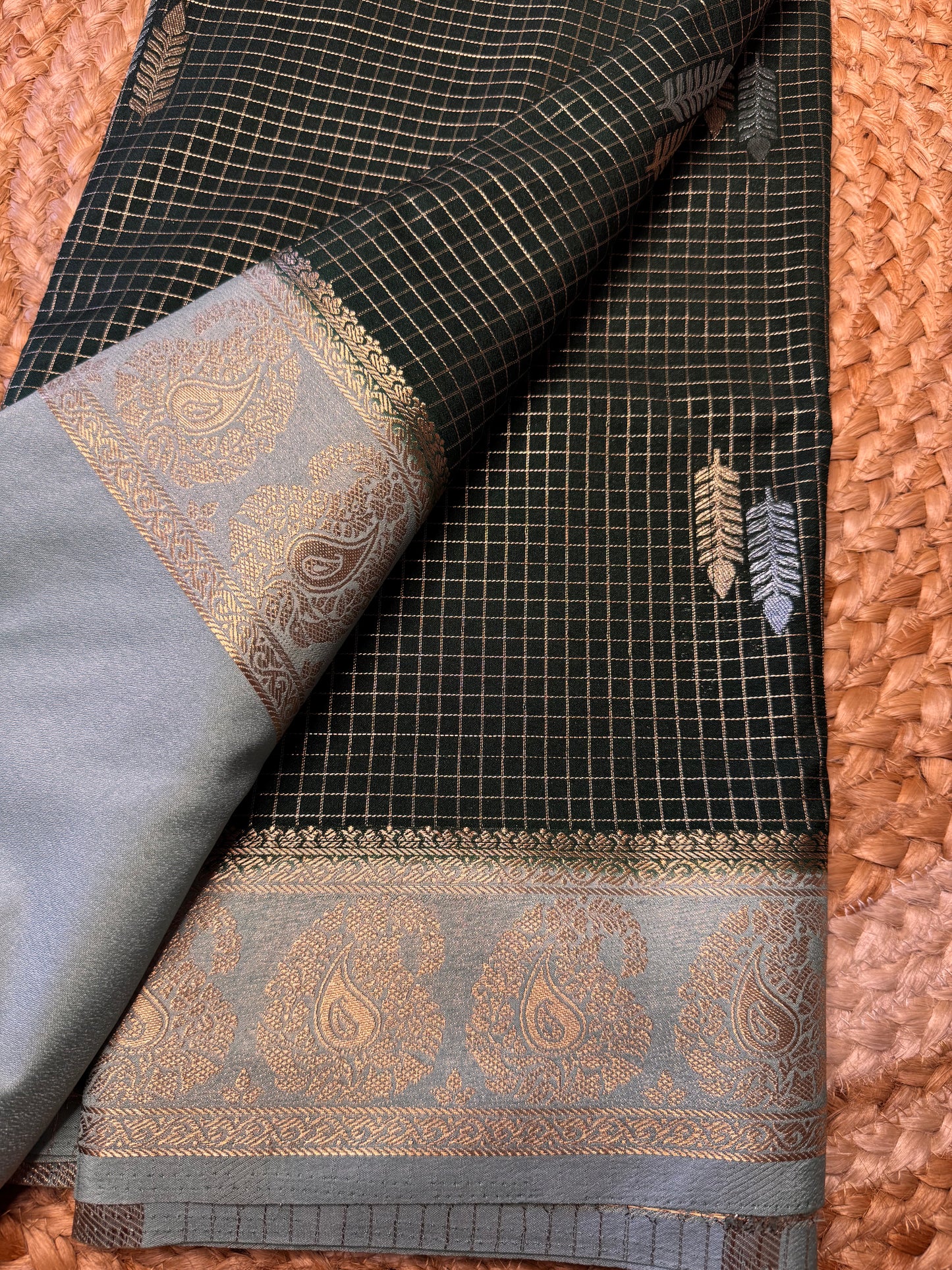 Bottle Green Checks Bentex Soft Silk (Gold and Silver Zari)