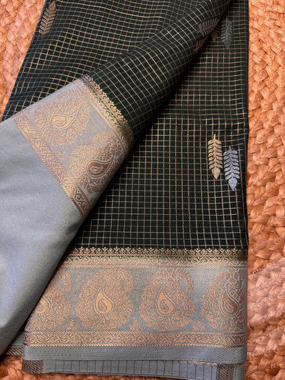 Bottle Green Checks Bentex Soft Silk (Gold and Silver Zari)