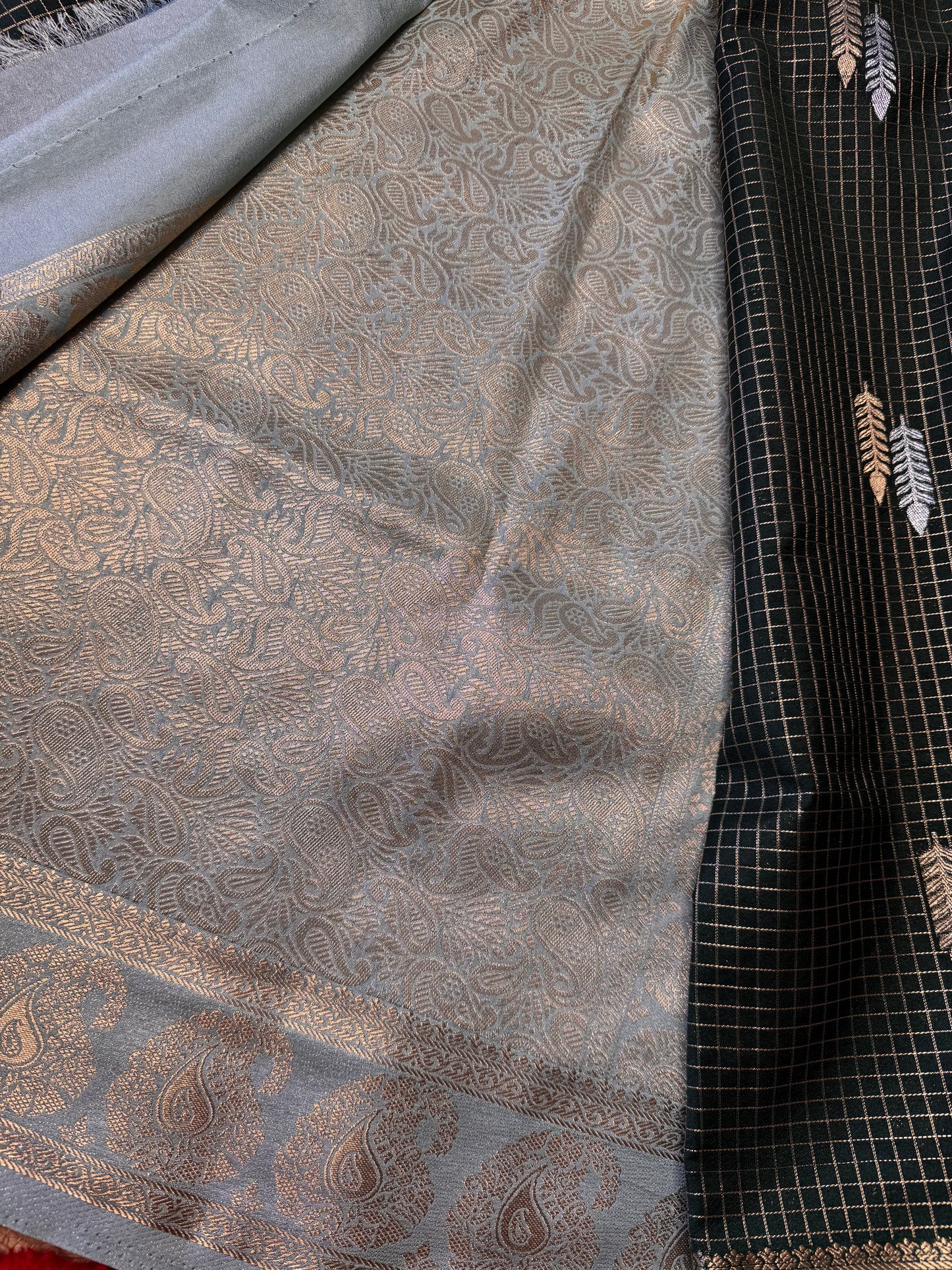 Bottle Green Checks Bentex Soft Silk (Gold and Silver Zari)