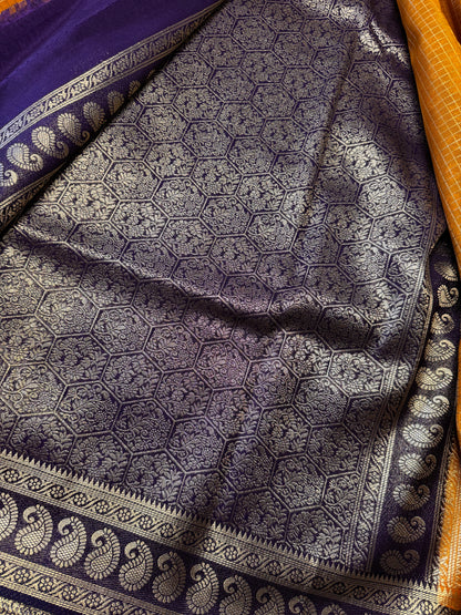 Yellow with blue Checks Bentex Soft Silk