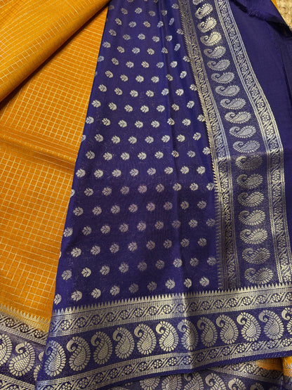 Yellow with blue Checks Bentex Soft Silk