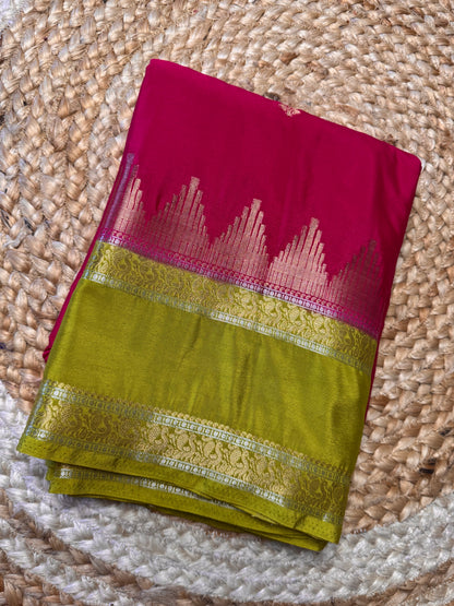 Pink with green Semi Mysore Silk (Gold and Silver Zari)