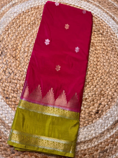 Pink with green Semi Mysore Silk (Gold and Silver Zari)