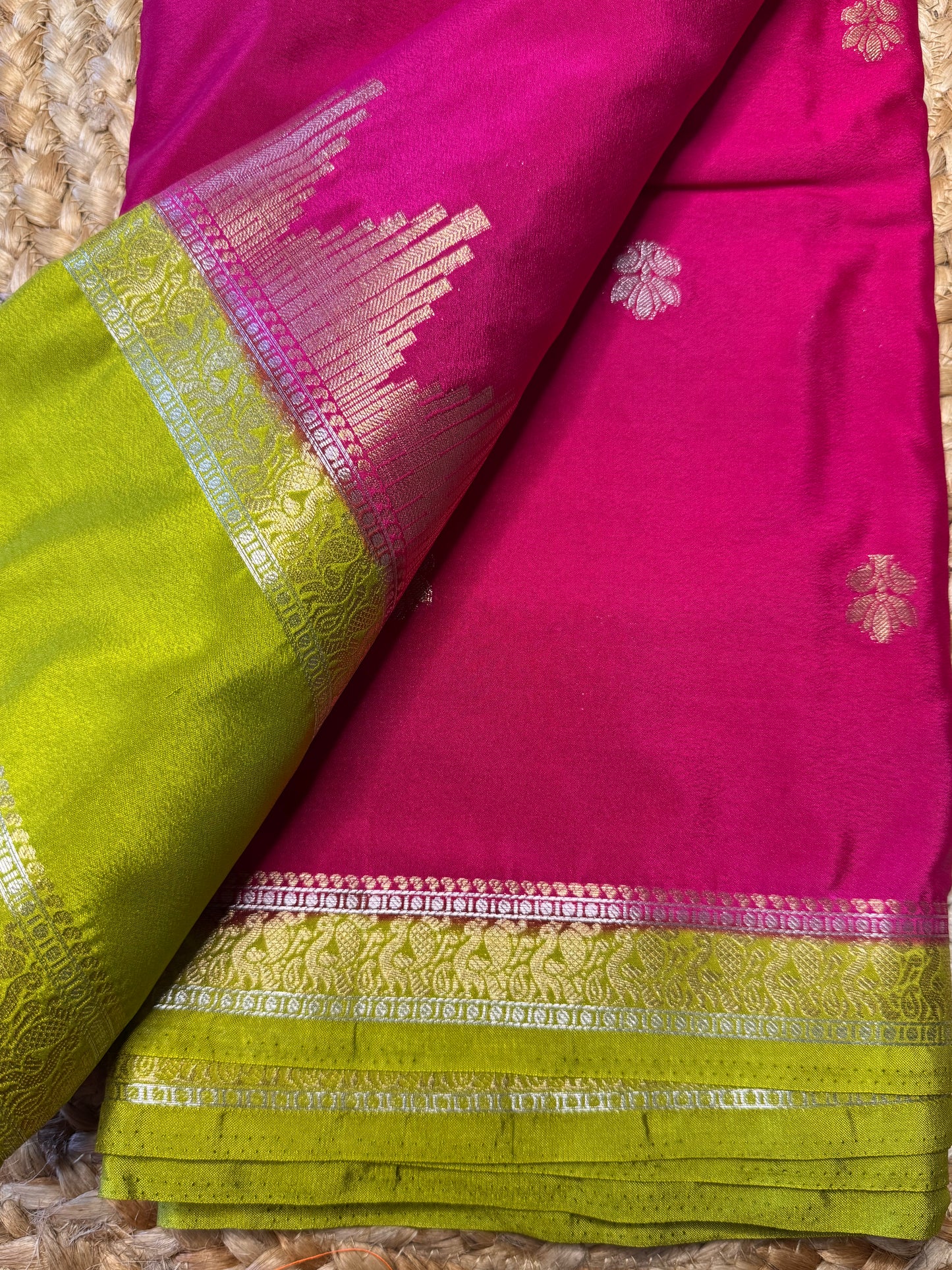 Pink with green Semi Mysore Silk (Gold and Silver Zari)