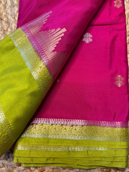 Pink with green Semi Mysore Silk (Gold and Silver Zari)