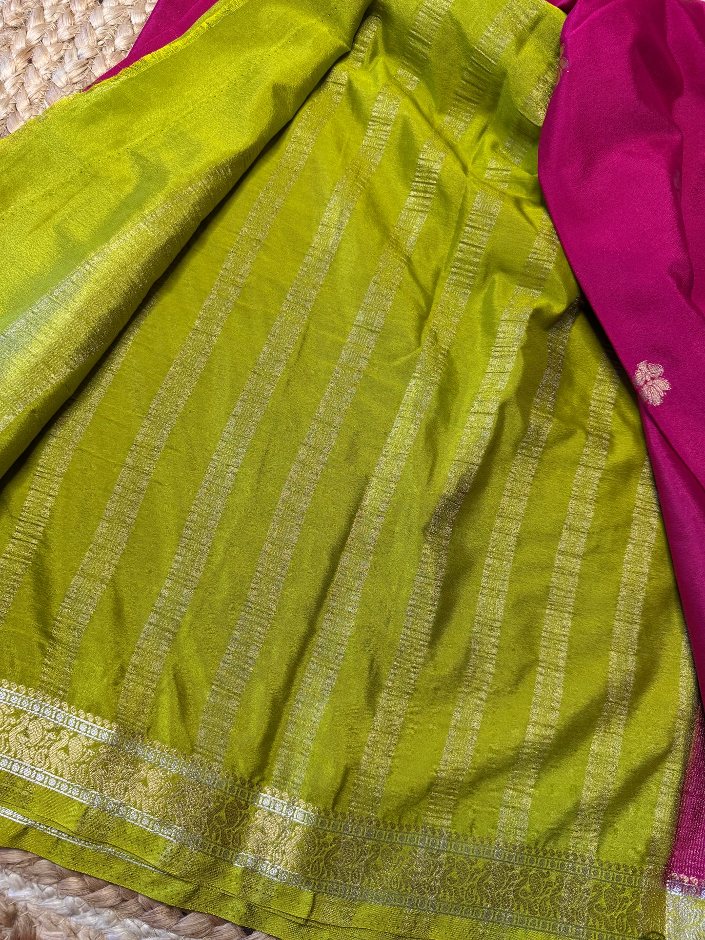 Pink with green Semi Mysore Silk (Gold and Silver Zari)