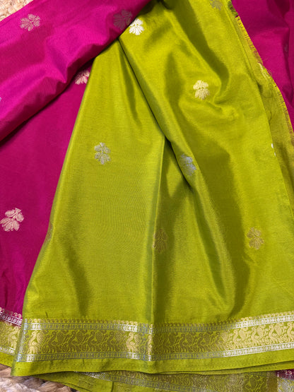 Pink with green Semi Mysore Silk (Gold and Silver Zari)