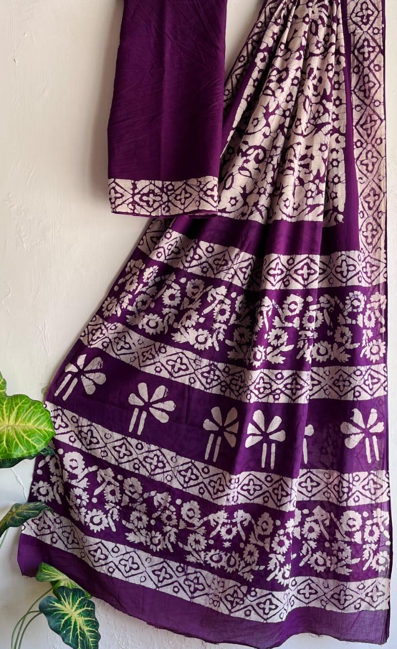 Purple Traditional  Hand Block Pure Cotton Saree