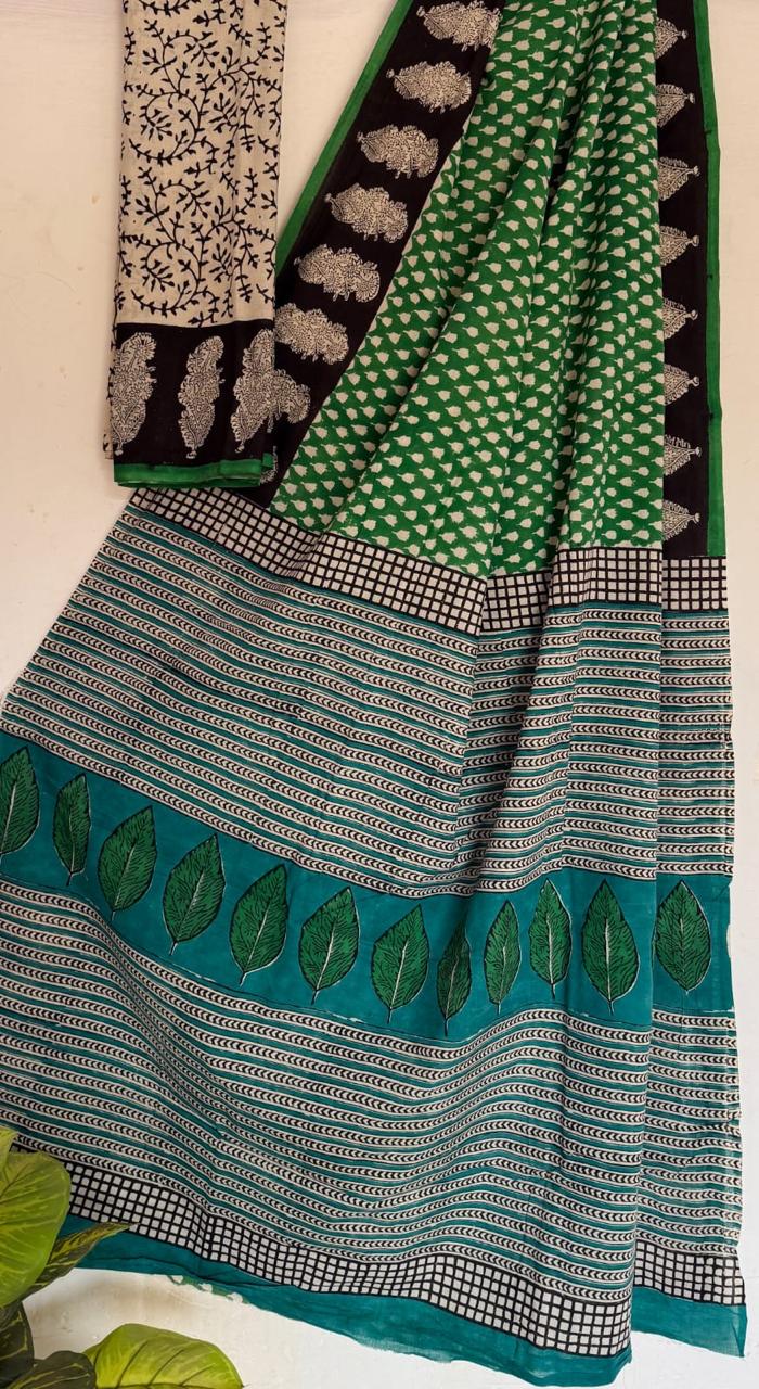 Green Traditional Hand Block Pure Cotton Saree