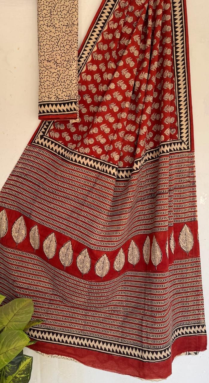 Red Traditional Hand Block Pure Cotton Saree