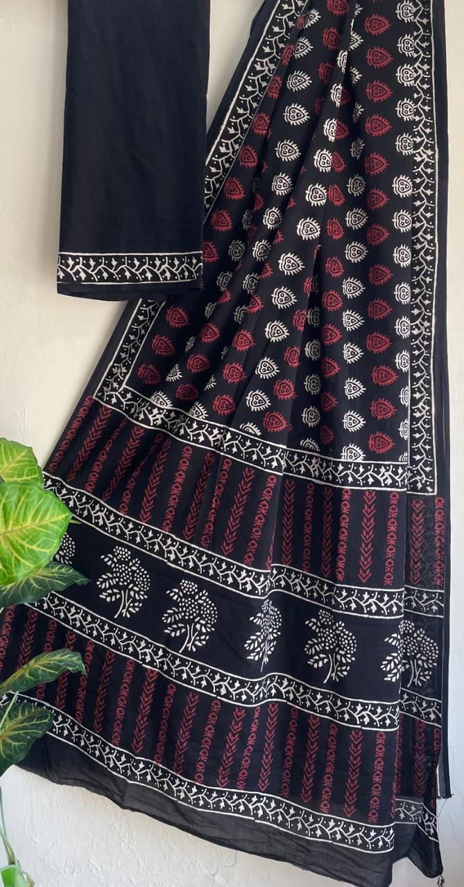Black with Red Traditional Hand Block Pure Cotton Saree