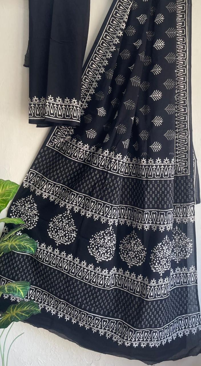 Black with grey Traditional Hand Block Pure Cotton Saree