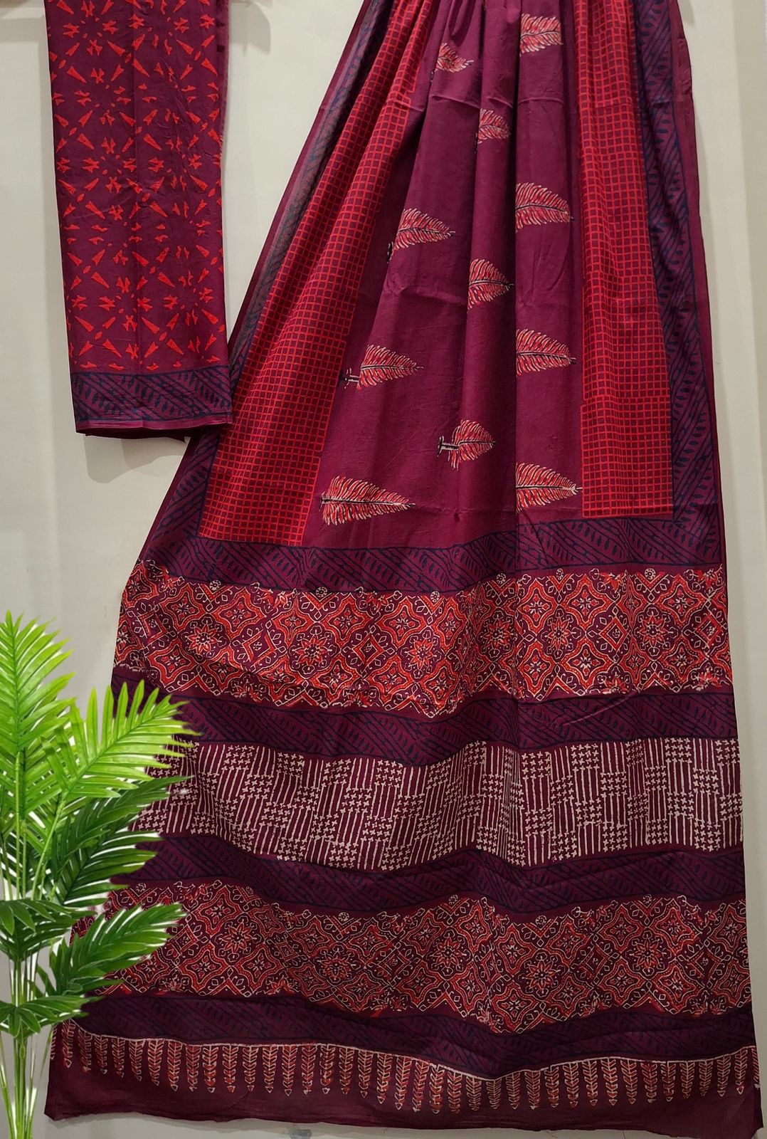 Maroon Traditional Hand Block Pure Cotton Saree