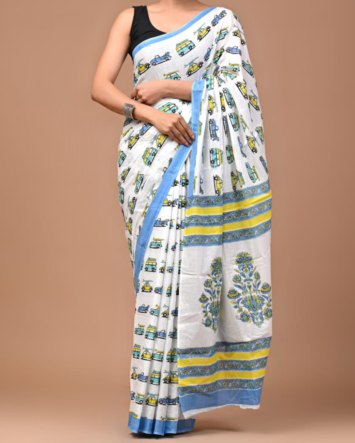 White/Car Quirky Print Hand Block Mul Cotton Saree