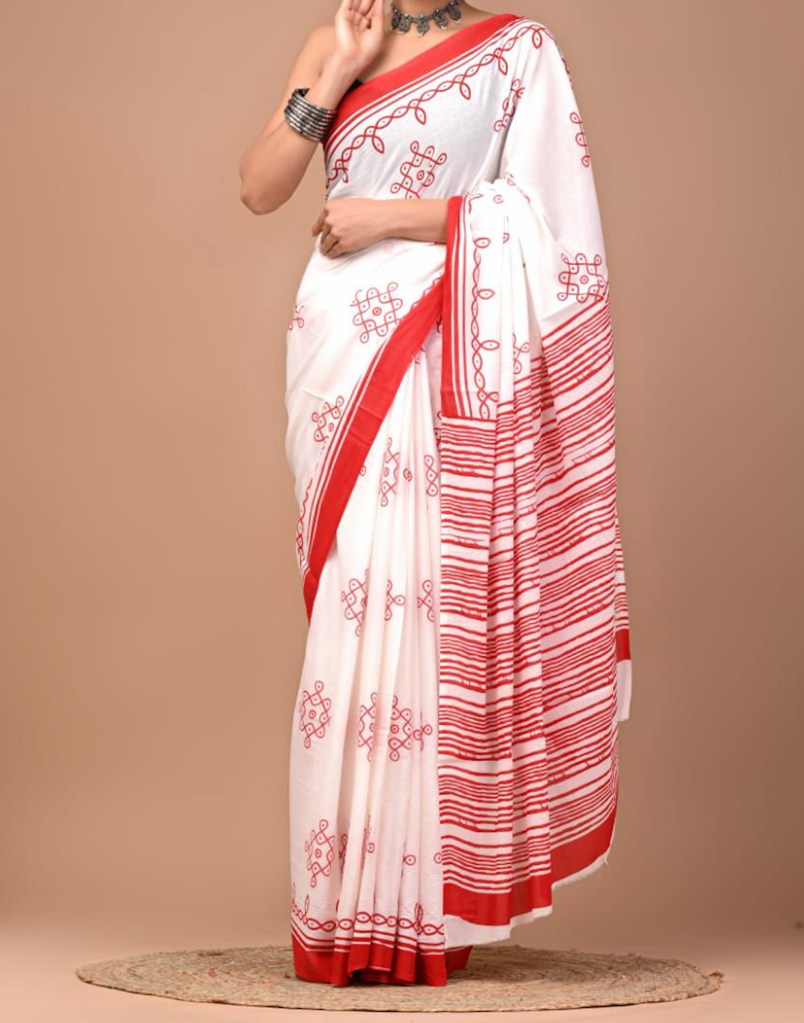 Kolam Print Hand Block Mul Cotton Saree