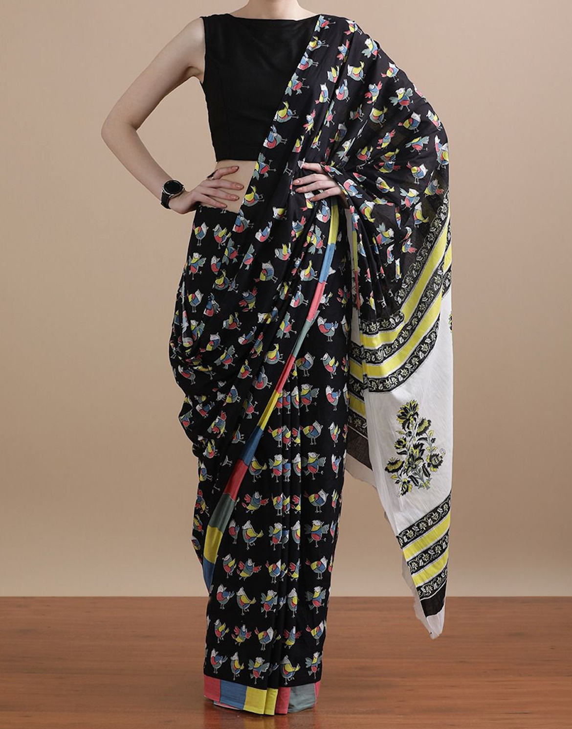Birds Quirky Hand Block Mul Cotton Saree