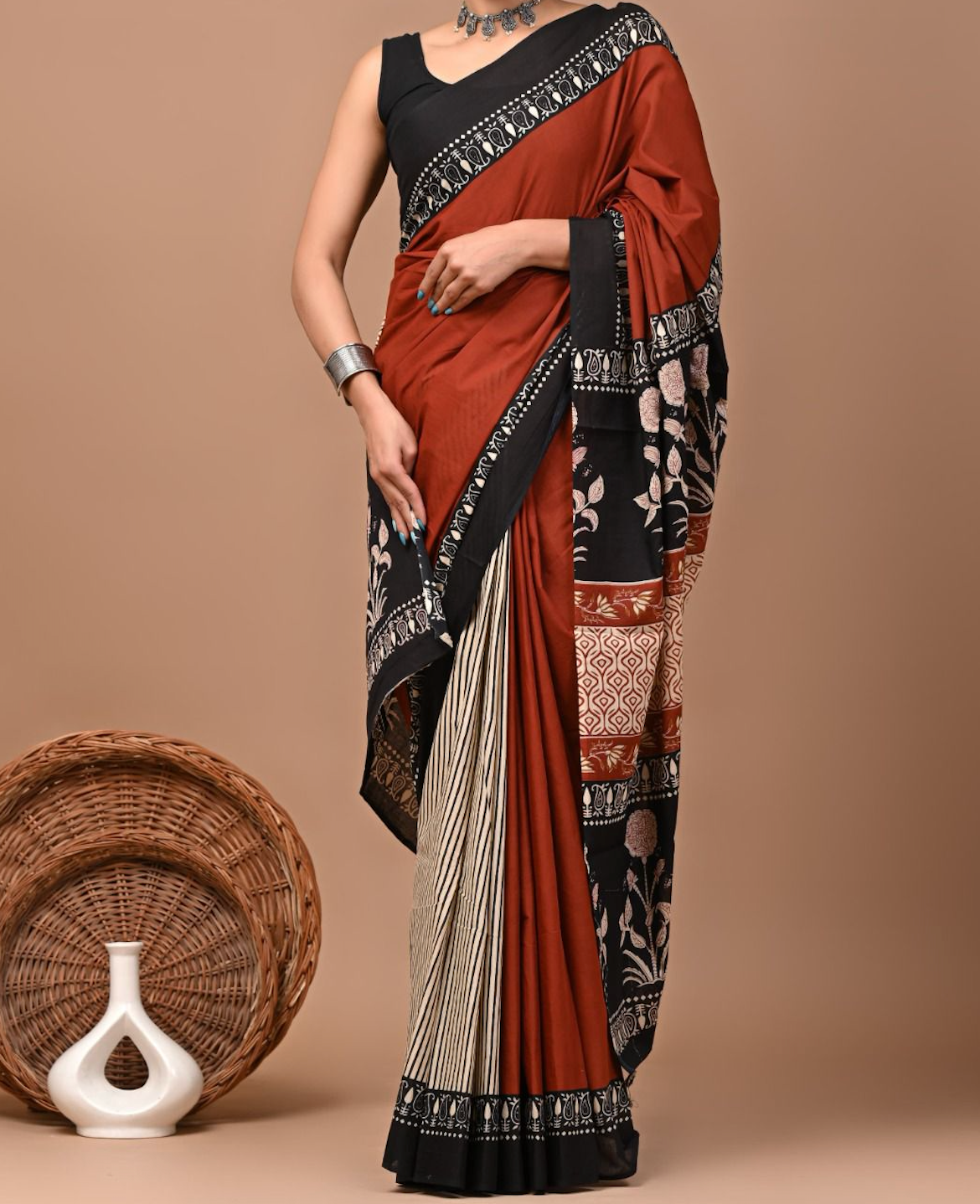 Marron Half n Half Traditional Hand Block Pure Cotton Saree