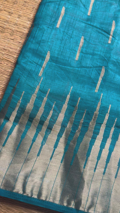 Rama Green/Sea Blue Soft Raw Silk in Temple Border