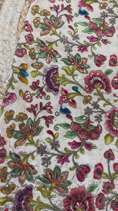 Cream with multi flower kalamkari Crepe Blouse Piece/Material