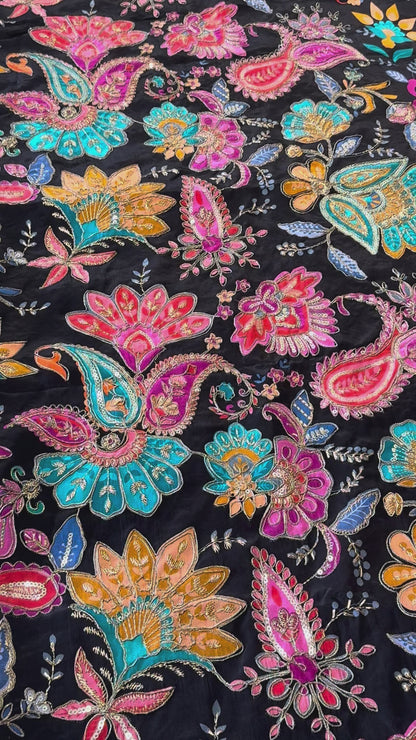 Black Multi Colour kalamkari Crepe Blouse Piece/Material-B01