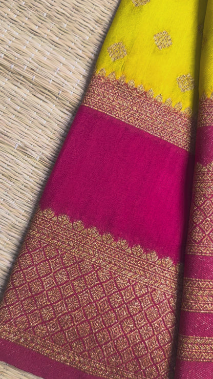 Yellow with Pink Khaddi Georgette Saree